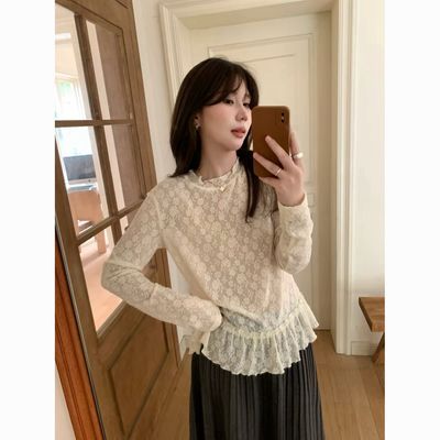法式温柔蕾丝荷叶边打底衫上衣女秋季宽松百搭显瘦长袖叠穿小衫