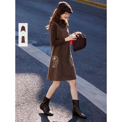 【XWI】欣未 复古刺绣麂皮绒背心裙套装女26秋季显瘦减龄穿搭套装
