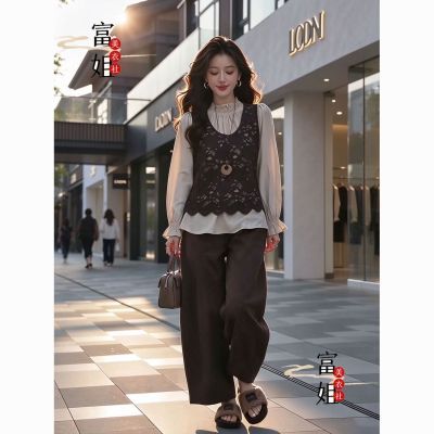 秋季大码女装洋气蕾丝马甲弯刀裤三件套胖mm百搭叠穿通勤风套装【7天内发货】