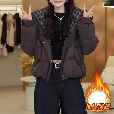 软糯蓬松短款格纹内里抽绳连帽羽绒棉服免洗哑光大码显瘦女士外套