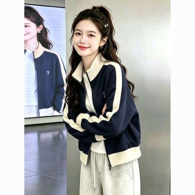 韩系设计感立领撞色运动风刺绣卫衣短外套女2026秋季显瘦夹克上衣【7天内发货】
