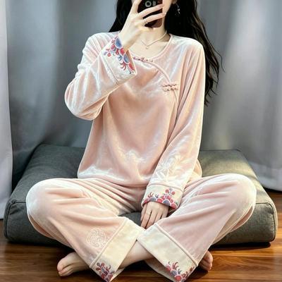 金丝绒带胸垫睡衣女新中式长袖长裤薄绒秋冬季提花保暖家居服国风【7天内发货】