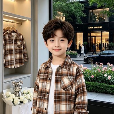 2026春秋新款男童衬衫格纹衬衣中大童洋气宽松外套儿童长袖上衣