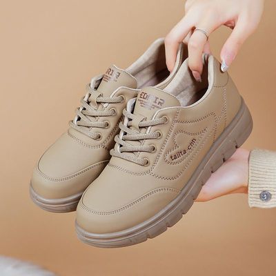 皮面防水防油厨房防滑软底工作鞋2026春新款休闲运动鞋女厚底外穿