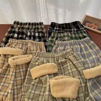 羊羔绒格子裤加绒加厚秋冬款女高腰显瘦宽松直筒裤百搭休闲阔腿裤