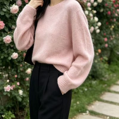 260克羊绒羊毛桑蚕丝拉毛拉绒无缝一体够工艺慵懒风宽松时尚毛衣