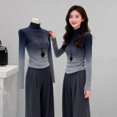 【COMGM】内搭晕染渐变堆堆高领毛衣女2025年冬季新款修身针织打底衫