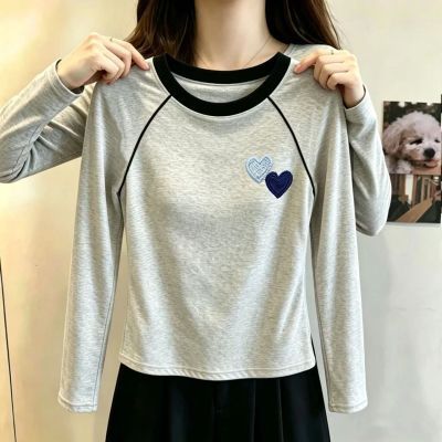100%纯棉2026秋季新款圆领撞色插肩打底衫女长袖T恤显瘦内搭上衣