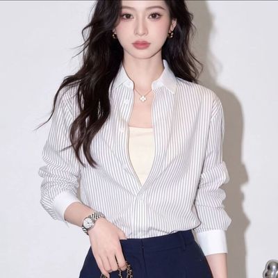 法式设计条纹衬衫新款2026薄款通勤长袖衬衣高知小资上衣15穿搭