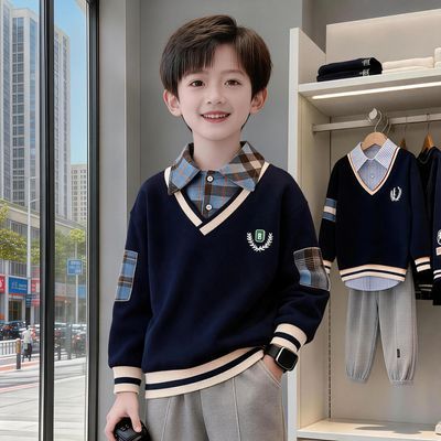 男童学院风卫衣新款中大童假两件春秋冬装衬衫POLO领洋气上衣YH