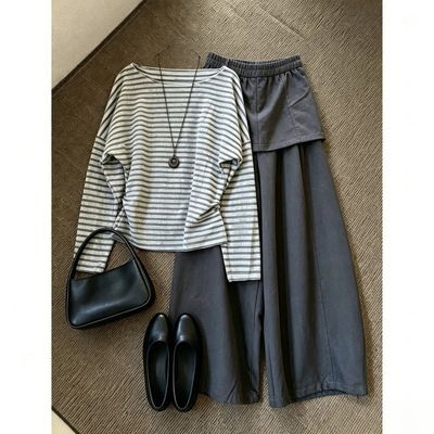 秋季ootd松弛感穿搭套装女休闲条纹长袖T恤屁帘高腰阔腿裤两件套【15天内发货】