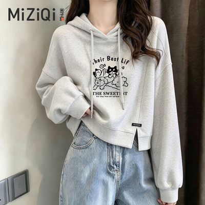 【米子旗】短款连帽卫衣女秋季新款简约宽松休闲套头下摆开叉卫衣