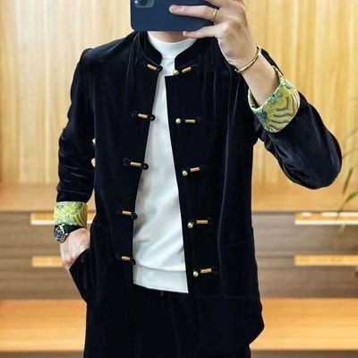 春秋2025唐装男士金丝绒外套时尚中国帅气休闲盘扣中式