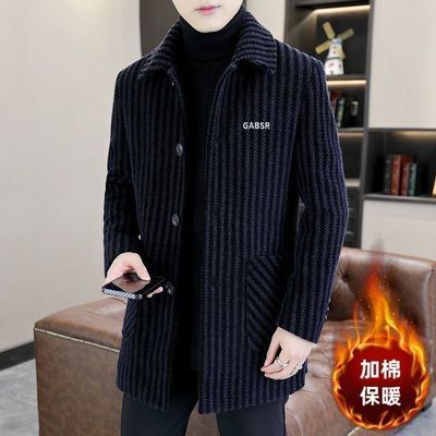 冬季毛呢加棉保暖男中长款时尚呢子大衣加厚翻领条纹帅气百搭风衣
