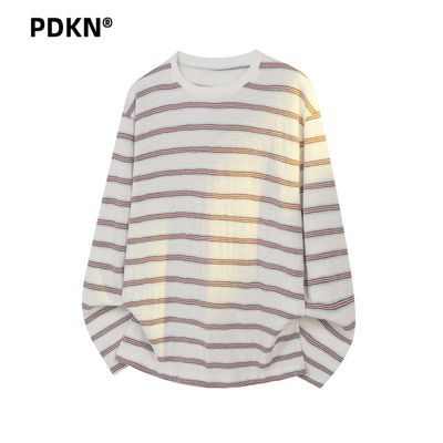 PDKN潮牌 美式高街复古撞色条纹圆领T恤男2026春秋新长袖卫衣上衣【5天内发货】