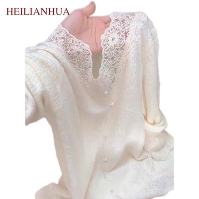 【HEILIANHUA】法式温柔气质杏色针织衫春秋设计感蕾丝拼接高级感上衣