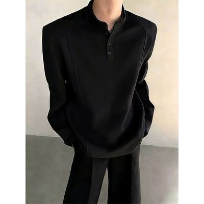 2026春秋季男士纯色上衣美式拼接长袖亨利领卫衣cleanfit小众男装