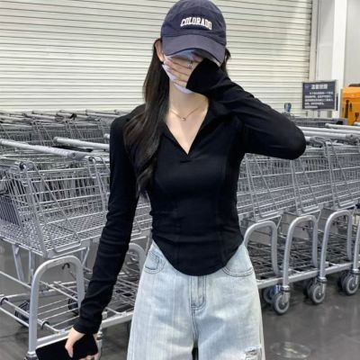 韩系气质修身正肩polo领打底长袖T恤女鱼骨设计感纯色纯欲风上衣