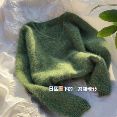 秋冬糯奶呼呼绿色毛衣浣熊大码宽松慵懒针织衫针织上衣苔藓绿上衣