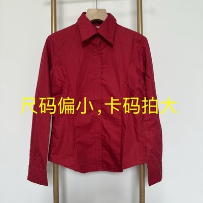 复古红翻领长袖衬衫女可挽袖设计感收腰显瘦通勤简约打底衬衣