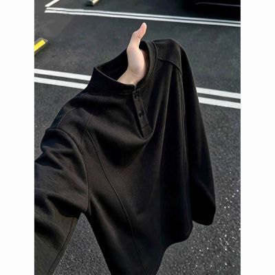 2026春秋季拼接男士纯色上衣美式亨利领卫衣长袖cleanfit小众男装