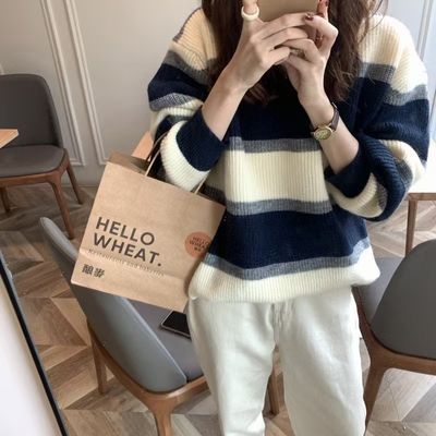 古着vintage条纹针织毛衣女秋冬设计感小众慵懒风软糯糯上衣ins潮