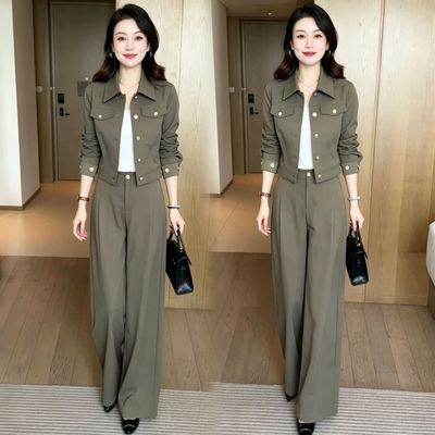 时尚套装女士秋季新款洋气减龄显瘦翻领短款外套休闲阔腿裤两件套【7天内发货】