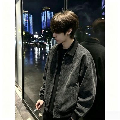 2026春秋季紫色暗纹工装皮衣正肩外套美式高街翻领扎染夹克高级感