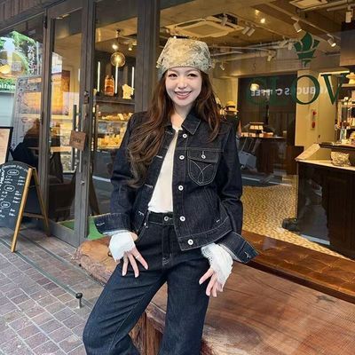 复古美式原牛深蓝牛仔套装撞色外套修身显瘦直筒裤时尚两件套