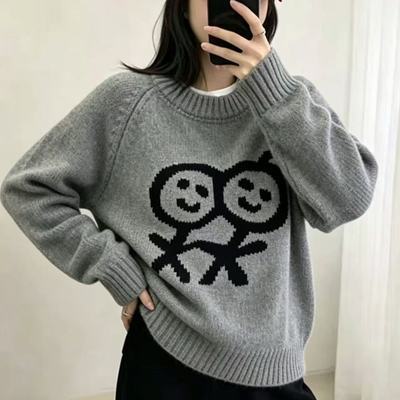 韩系慵懒火柴人提花毛衣女秋冬2026新款软糯长袖宽松针织衫上衣