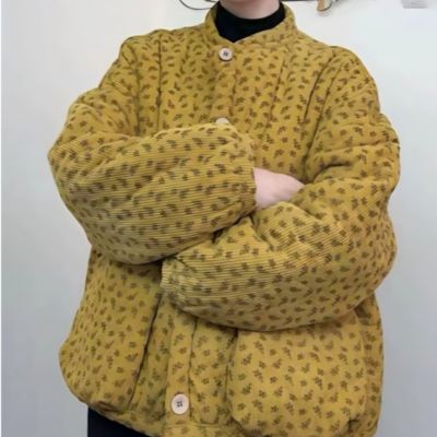 秋冬新款高档复古休闲宽松圆领棉服时尚气质减龄百搭灯芯绒棉衣女