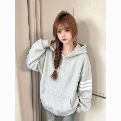 美式复古重磅三条杠纽扣连帽卫衣女秋冬新款情侣宽松流行百搭外套
