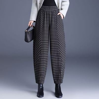 格子毛呢加厚阔腿弯刀裤女秋冬2026新款梨型身材款显瘦哈伦灯笼裤