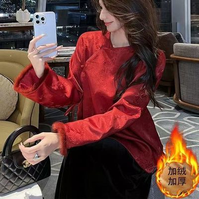 红色新中式国风衬衫女2026秋冬季新款高级感唐装高端盘扣时尚上衣