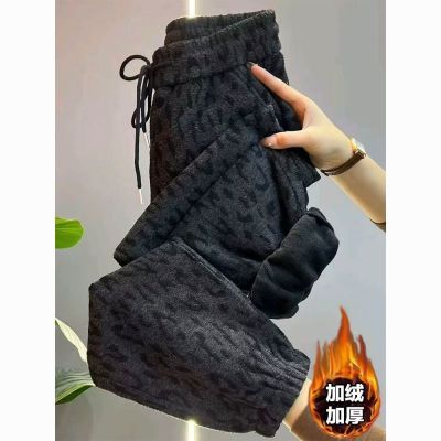 加绒加厚束脚豹纹休闲裤女冬季新款高腰显瘦哈伦裤洋气百搭运动裤