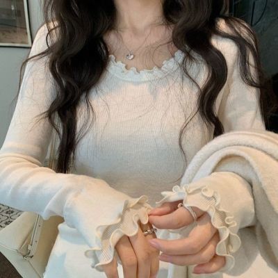 韩系甜美气质德绒打底衫女秋冬法式双层木耳边T恤衫圆领长袖上衣