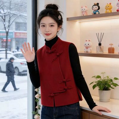 新中式复古盘扣双面呢羊毛外套马甲短款宽松显瘦新年红高级感背心