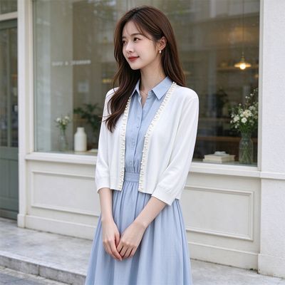 秋季外贸欧美短款针织衫外套大码女装钉珠V领开衫披肩外搭精致爆