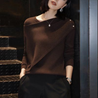 Lababite咖色套头毛衣女2026秋新款软糯显瘦不规则打底针织衫T恤