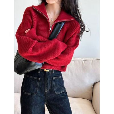 2026早秋女装短款新款慵懒拉链高领毛衣秋冬针织衫外穿
