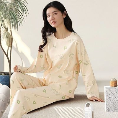 新款韩版圆领睡衣女春秋季长袖长裤宽松休闲卡通可外穿家居服套装