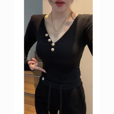 德绒韩系纯欲V领设计感长袖T恤女秋冬新款内搭辣妹风修身显瘦上衣