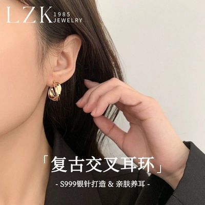 【LZK】999银针复古金色港风圈圈耳环女秋季新款轻奢高级感耳圈送女友
