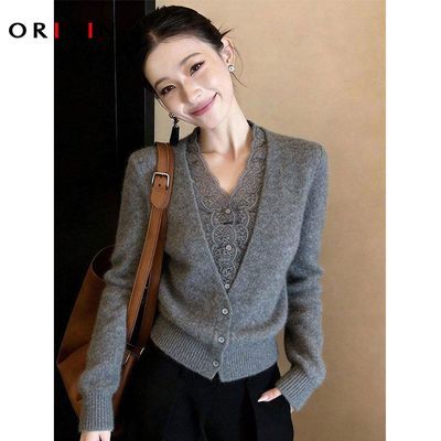 【安瑞井】秋冬羊毛衫蕾丝宽松高档保暖假两件性感软糯女针织开衫