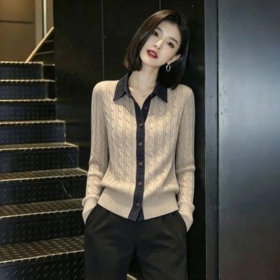 Lababite撞色衬衫假两件长袖针织衫女2026秋季老钱风法式精致T恤【5天内发货】