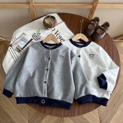 小熊刺绣单排扣宽松韩系休闲棒球服开衫卫衣春秋季男女童长袖