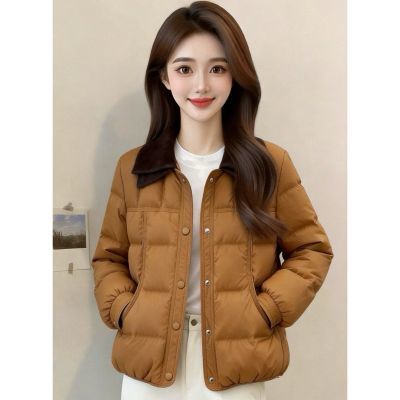 2026冬季拼色双层翻领短款棉服女早春薄棉服时尚休闲保暖百搭外套