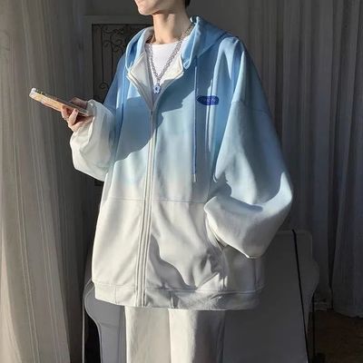 春秋季外套男扎染渐变薄款潮设计感港风夹克新款连帽潮流休闲卫衣