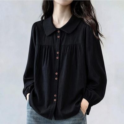 黑色长袖衬衫女春秋季设计感大码宽松显瘦百搭减龄娃娃领正肩上衣