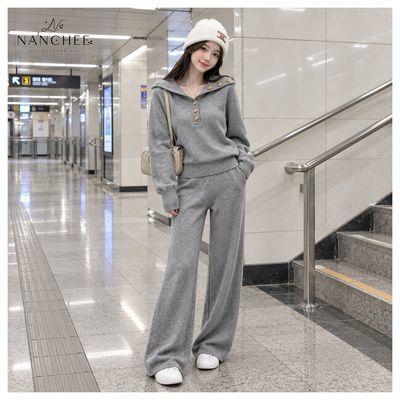 韩系针织套装女秋冬新款翻领排扣修身上衣阔腿长裤两件套休闲女装